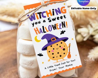 Halloween Cookie Gift Tag Editable Name, Witching You a Sweet Halloween, Printable Classroom Treat Tags, Halloween Party Favor, Instant