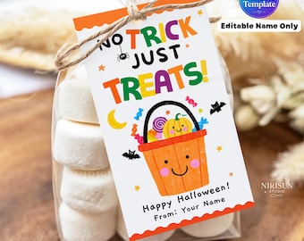 Halloween Treat Bag Tags, No Trick Just Treats Printable Gift Tags, Editable Name, Kids Classroom Party Favor, Candy Bag Tags, Instant