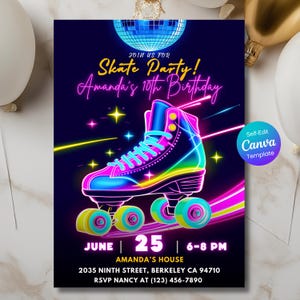 Editable roller skate birthday invitation with neon glow design and disco ball. Canva template for kids or teen party printable digital download. roller skate birthday, neon birthday invite, skate party invitation, editable invite, Canva template, disco birthday invite, glow party invitation, girls birthday invite, boys birthday invite, printable invite, kids birthday invite, teen party invitation, roller rink invite