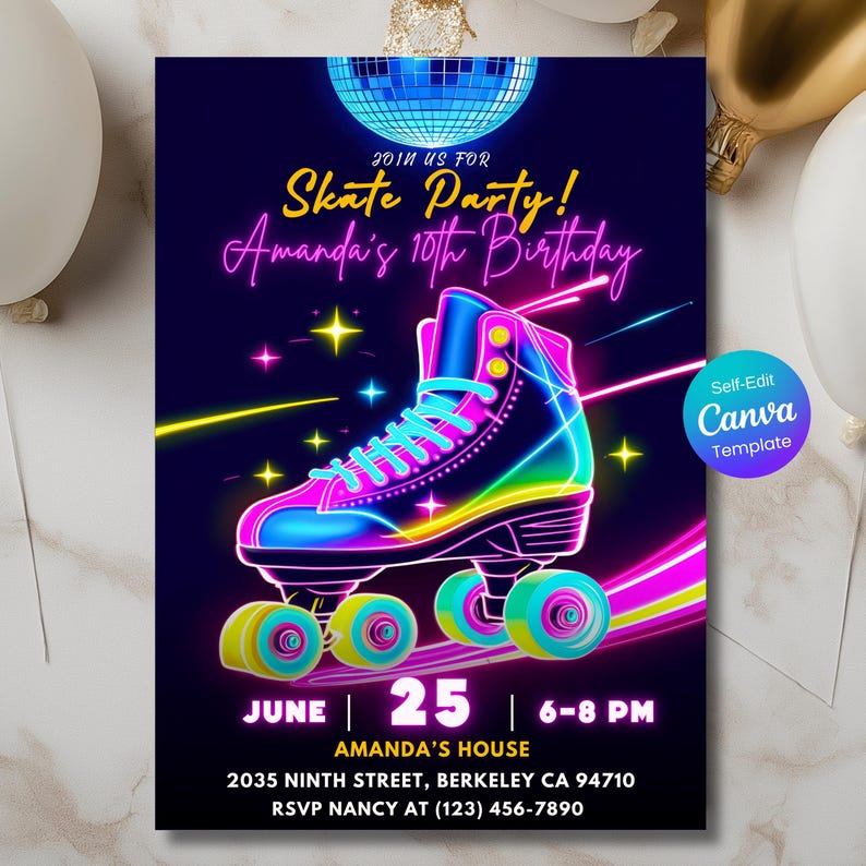 Editable roller skate birthday invitation with neon glow design and disco ball. Canva template for kids or teen party printable digital download. roller skate birthday, neon birthday invite, skate party invitation, editable invite, Canva template, disco birthday invite, glow party invitation, girls birthday invite, boys birthday invite, printable invite, kids birthday invite, teen party invitation, roller rink invite