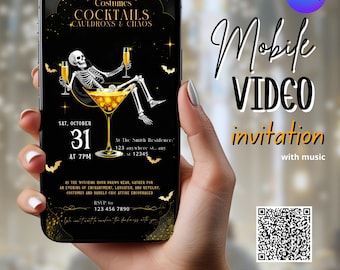 Skeleton Halloween Party Video Invitation, Animated Spooky Costume Cocktails Digital Evite, Editable Canva Template, Adult Halloween Invite