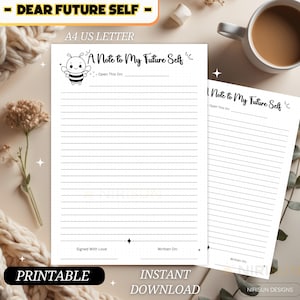 Plantilla imprimible de carta para tu futuro yo, página de diario de descarga instantánea con una abeja adorable, carta de amor para tu futuro yo, diario de autocuidado.
