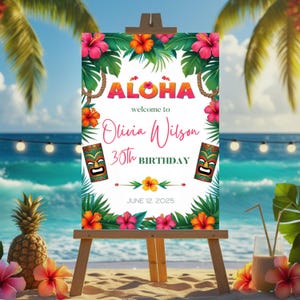 Plantilla editable de letrero de bienvenida Aloha: fiesta luau, boda hawaiana, descarga digital de flores tropicales, invitación luau imprimible, fiesta tiki