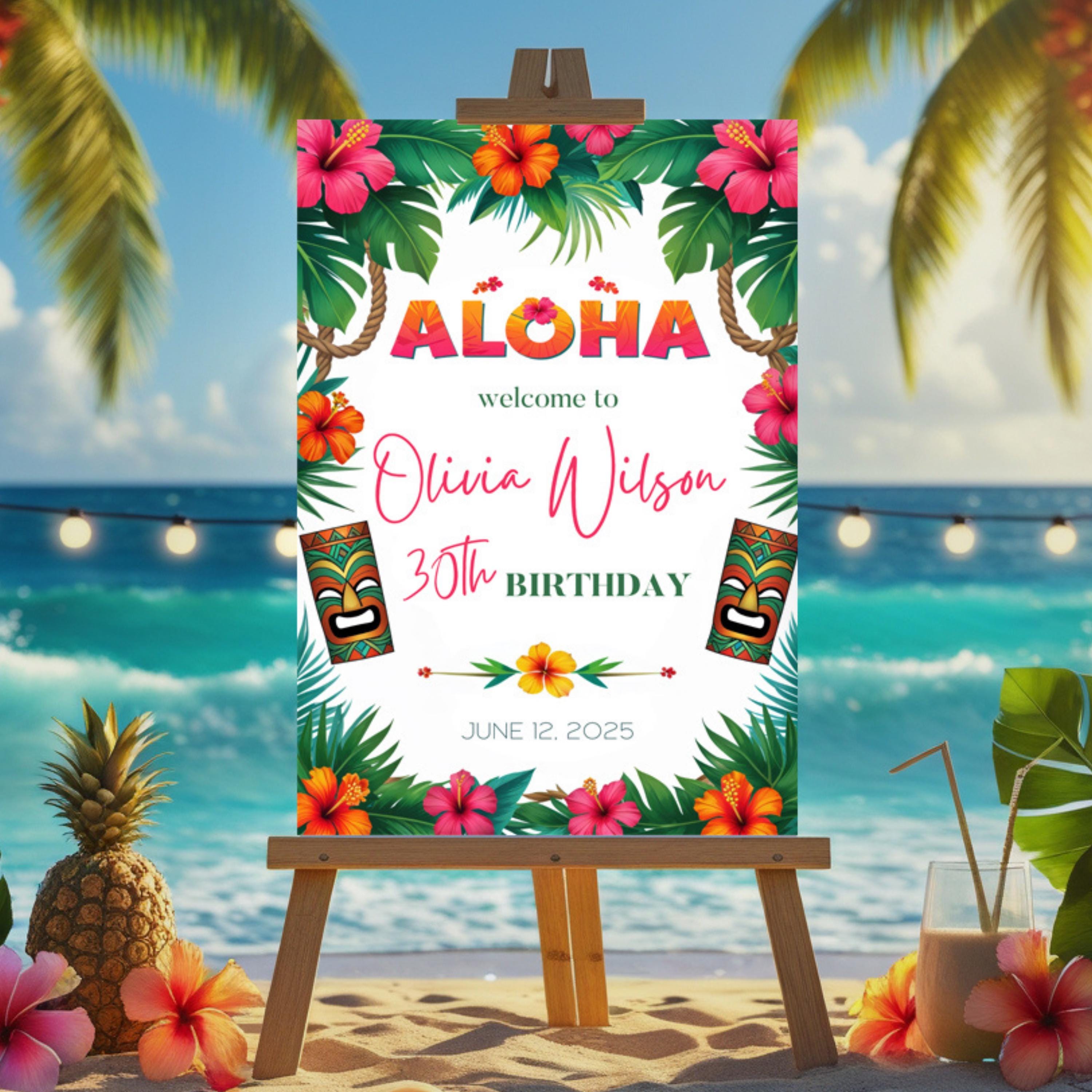 Editable Aloha Welcome Sign Template – Luau Party, Hawaiian Wedding, Tropical Floral Digital Download, Luau Invitation Printable, Tiki Party