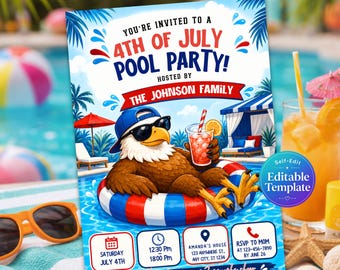 4th of July Pool Party Invitation, Patriotic Eagle Invite, Editable Independence Day Summer Template, 4th of July invite, Red White Blue