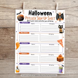 Może przedstawiać: Biały arkusz zapisów na imprezę Halloween z czarnym i pomarańczowym tekstem. Zawiera sekcje na przystawki, dania główne, dodatki, desery i napoje, ozdobione ilustracjami wampira, czarnego kota oraz różnego rodzaju jedzenia.
