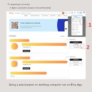 Puede incluir: Captura de pantalla de una gu&iacute;a de descarga de pedidos de Etsy. La imagen muestra una interfaz de sitio web con pasos resaltados para descargar archivos. El texto incluye instrucciones para usar un navegador web, no la aplicaci&oacute;n Etsy.
