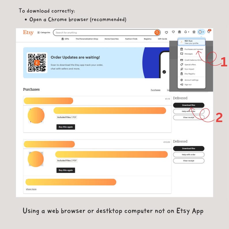 Puede incluir: Captura de pantalla de una gu&iacute;a de descarga de pedidos de Etsy. La imagen muestra una interfaz de sitio web con pasos resaltados para descargar archivos. El texto incluye instrucciones para usar un navegador web, no la aplicaci&oacute;n Etsy.