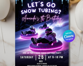 Snow Tubing Birthday Invitation: Winter Party for Girls (Editable Canva Template, DIY Printable Invite, Digital invite, Instant Download)