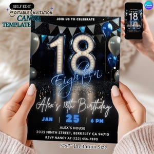 Blue Silver 18th Birthday Invitation Template, Editable Eighteen Party Invite for Him or Her, Digital Canva, Neon birthday teenager invite