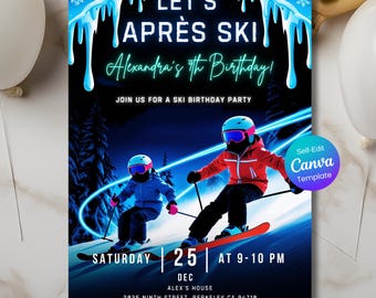 Könnte beinhalten: Eine Einladung zur Party mit Ski-Thema. Der Text "LET'S APRÈS SKI" und "Alexandra's 9th Birthday!" sind zu sehen. Zwei Skifahrer sind auf einer schneebedeckten Piste abgebildet. Das Datum ist der 25. Dezember, und die Uhrzeit ist 21-22 Uhr.