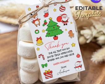 Etichetta regalo di ringraziamento per Natale: etichetta regalo di ringraziamento per le feste (modello Canva modificabile, etichetta stampabile per insegnanti, familiari e personale, istantanea)