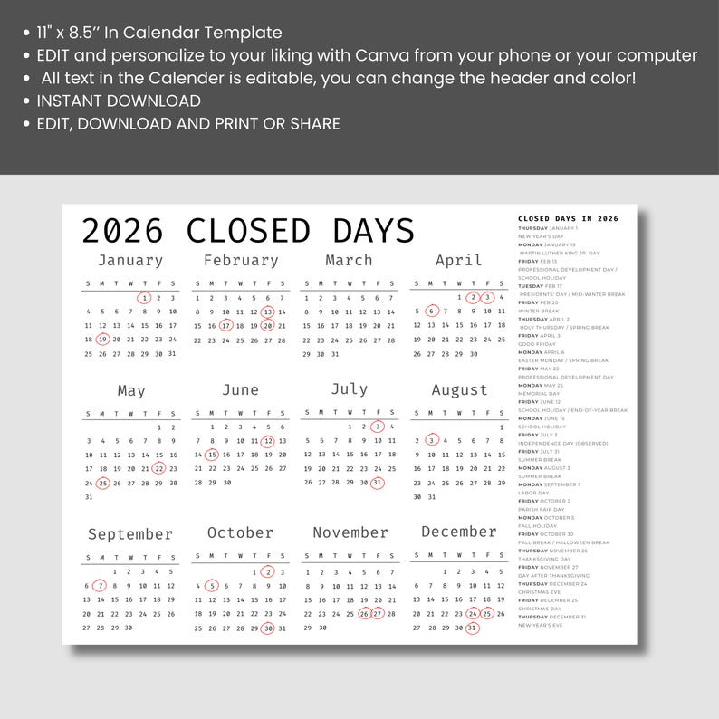 2026 Daycare Closed Days Calendar, Preschool Childcare Holiday Schedule ...