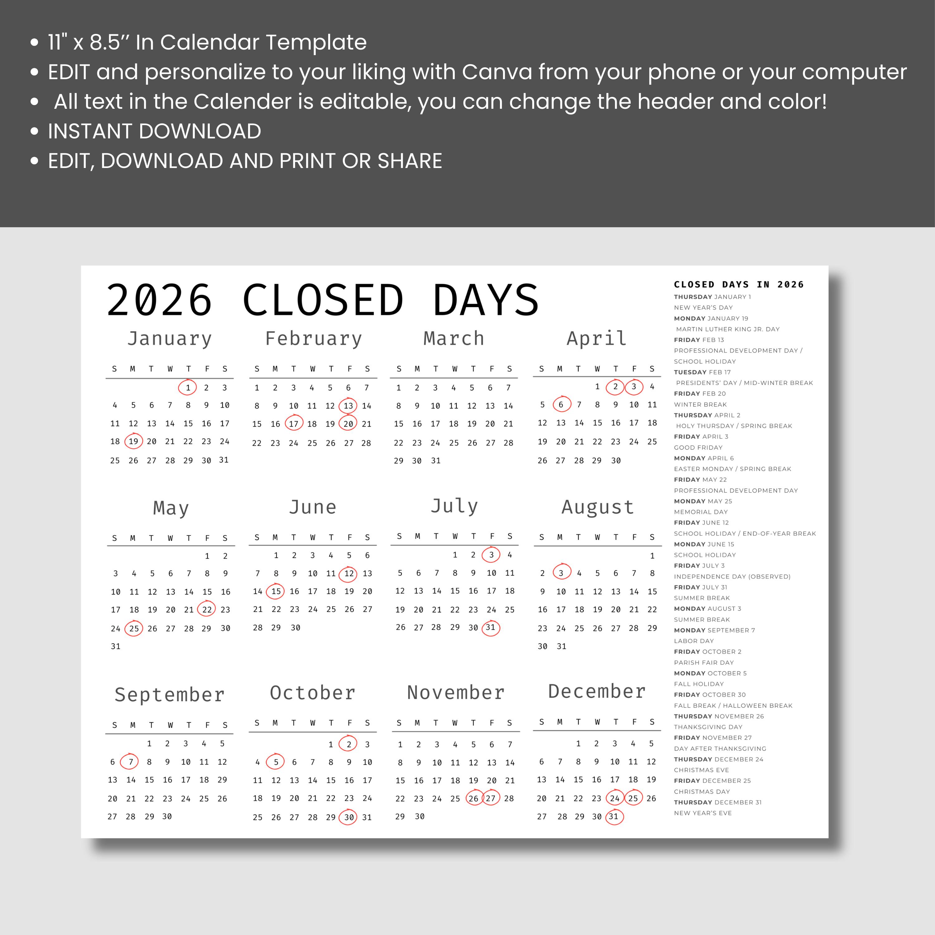2026 Daycare Closed Days Calendar, Preschool Childcare Holiday Schedule ...