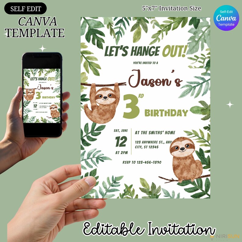 Sloth Border Editable Editable Sloth Birthday Invitation for Kids, Sloth Invitation, Jungle ...
