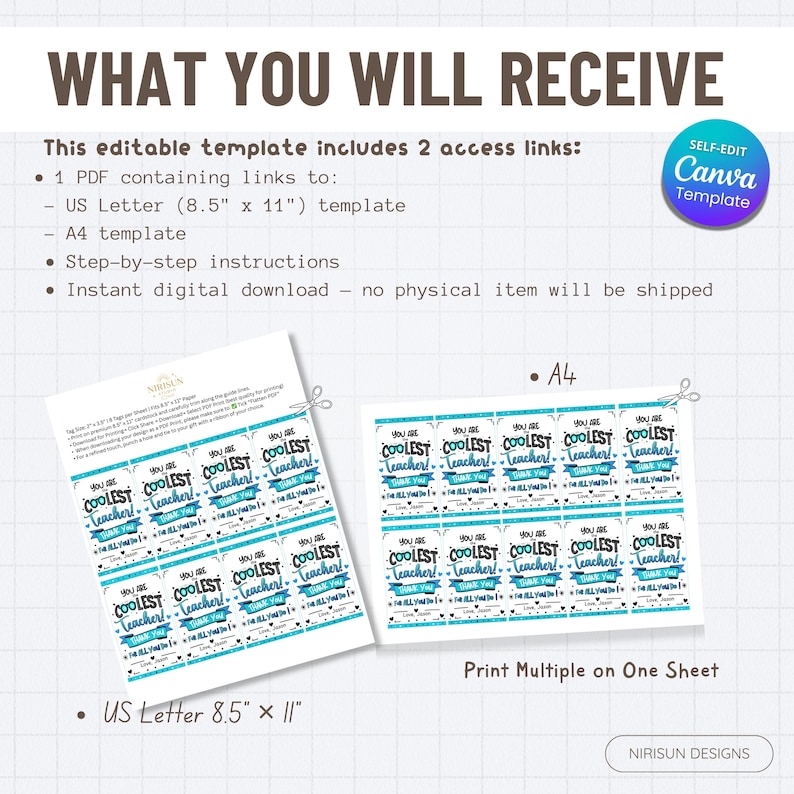 May include: Digital template with the text "WHAT YOU WILL RECEIVE". Includes a US Letter (21.6 x 27.9 cm) template and an A4 template. The design features the text "YOU ARE THE COOLEST TEACHER" in a blue and white color scheme.