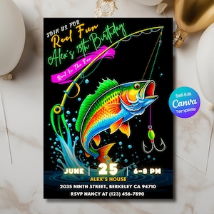 Fishing Birthday Invitation – Reel in the Fun Party for Teen Boy, Editable Canva Template, Digital Download, Printable Fishing Party Invite