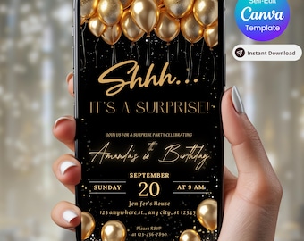 Überraschungs-Geburtstagseinladung: Goldballon-Glitter-Thema Bearbeitbare Erwachsene Party Evite-Vorlage Animierte digitale Einladung, jedes Alter 30.40.50