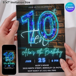 Neon 10. Geburtstagseinladung, Blau Grün Neon Glow Party Geburtstagseinladung, digitaler Download, selbst bearbeitete Canva Vorlage, Neon Thema Kinderparty