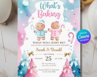 Convite para Chá Revelação "O Que Está Assando?": Tema Biscoito de Gengibre, Modelo Editável no Canva, Convite de Natal para Chá de Bebê "Menino ou Menina", Imprimível