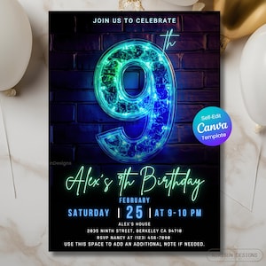 Invitación de 9º cumpleaños, Fiesta de neón azul para niños, Plantilla editable de Canva, Descarga digital, Invitación imprimible, Evite