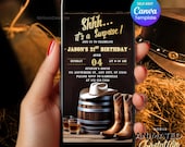 Men’s Surprise Birthday Invitation, Rustic Western Boots Party, Editable Template Any Age 21st 30th 40th, Animated Digital Invite for Him