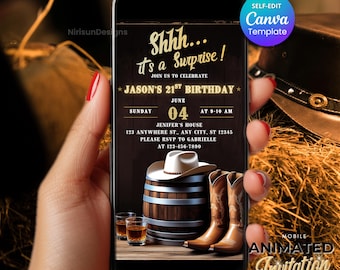 Men’s Surprise Birthday Invitation, Rustic Western Boots Party, Editable Template Any Age 21st 30th 40th, Animated Digital Invite for Him