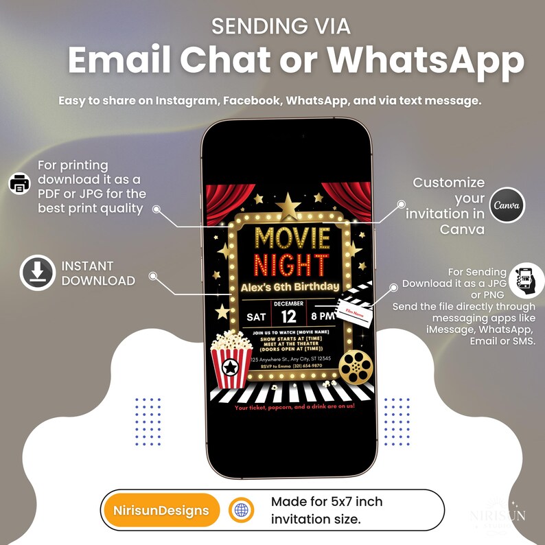 Op de afbeelding: Een digitaal uitnodigingsontwerp voor een filmavond op een smartphonescherm. De uitnodiging toont een rood gordijn, gouden sterren en de tekst "Movie Night". Het bevat evenementdetails en is ontworpen voor een afdruk van 12.7 x 17.8 cm.