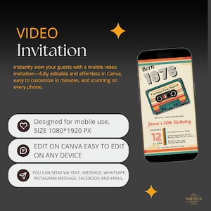 Puede incluir: Una invitaci&oacute;n de cumplea&ntilde;os de estilo retro en un tel&eacute;fono m&oacute;vil. La invitaci&oacute;n presenta un dise&ntilde;o de cinta de cassette, el a&ntilde;o "1976" y detalles del evento. El dise&ntilde;o es para m&oacute;vil y editable en Canva.