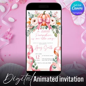 Pink Bow Pumpkin Baby Shower Invitation, Fall Girl Baby Shower Digital Invite, Little Pumpkin Floral Pink Ribbon Baby Shower Canva Template