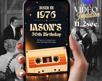 50th Birthday Video Invitation, Born in 1976 Retro Birthday Invite, Cassette Tape Party, 2 Page Mobile Digital Invitation Retro Party Invite