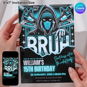 Convite para festa de aniversário de patinação no gelo, convite com tema de hóquei neon azul legal, modelo editável do Canva, download digital, festa de esportes de inverno