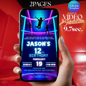 Puede incluir: Una pantalla de smartphone que muestra una invitación digital para una fiesta de trampolín con iluminación de neón azul y morada. El texto dice: JASON'S 12TH BIRTHDAY, FEBRUARY 19, SUNDAY, 1 PM-6 PM, TRAMPOLINE PARK, 7000 WASHINGTON AVE, WHITTIER 95551, RSVP: ANNA 333-555-3333.