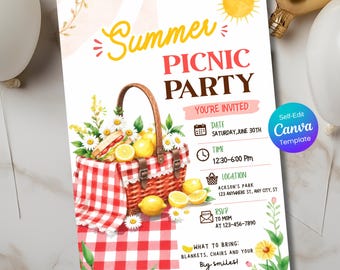 Picknickuitnodiging, bewerkbare canva zomerfeestuitnodiging, uitnodiging zomerparkfeest, uitnodiging buitenfeest, picknick verjaardagsuitnodiging