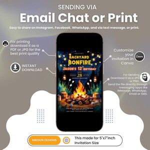 Get ready for a cozy celebration under the stars with this backyard bonfire birthday invitation!  Perfect for outdoor-loving kids, this editable Canva template features warm firelight, marshmallows, and lanterns—ideal for a camping-style birthday party. bonfire birthday invite, campfire party card, kids backyard invite, editable camp party, canva birthday template, outdoor kids birthday, printable bonfire card, camping theme invite, summer night invite, self edit party card, marshmallow birthday