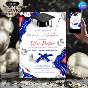 May include: A graduation invitation template with a black mortarboard, scroll, and blue ribbon. The invitation features red, white, and blue abstract designs and text that reads "Graduation Celebration" and "Ethan Parker". The invitation size is 5"x7".