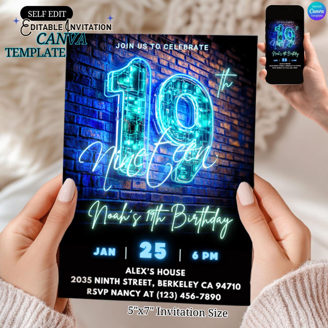 19th Birthday Invitation – Neon Blue Glow Party for Teen Boys or Girls ...