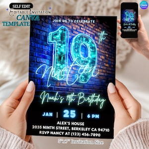 Neon Blau 19. Geburtstagseinladung Vorlage, bearbeitbares Canva, Glow Party bearbeitbares Canva Design für Jungen oder Mädchen im Teenageralter, digitaler Download