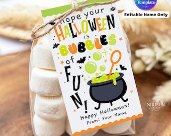 Halloween Bubble Gift Tag Printable, Cauldron Bubble Wand Favor Tags, Non Candy Classroom Halloween Treat, Editable Name Canva Template