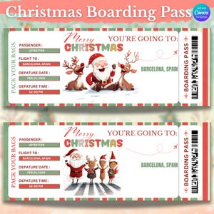 Weihnachtsbordkarte-Vorlage, bearbeitbares Flugticket für Überraschungsreise, druckbares Weihnachtsreisegeschenk, Feiertagsüberraschungsurlaubsidee