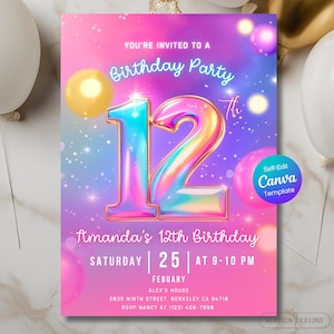 12th Birthday Invitation, Rainbow Foil & Glitter Pink Birthday Invite Party for Girls, Editable Template, Printable Digital, Twelve birthday