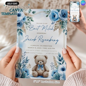 Brit Milah Invitation, Blue Boho Floral Teddy Bear, baby naming invite, Cradle invitation, Canva, jewish baby naming, Editable Baby Shower