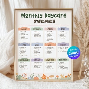 May include: A framed print featuring a colorful monthly daycare themes chart. The chart is divided into months, each with a list of related themes like "Winter & Science" and "Summer Fun." The design includes decorative elements and the text "Self-Edit Canva Template."