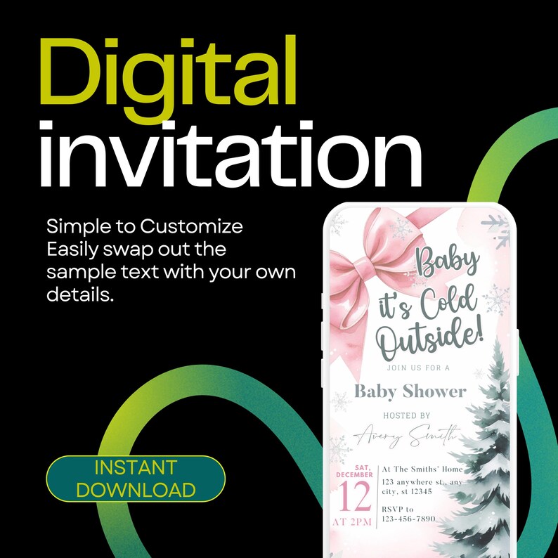 K&ouml;nnte beinhalten: Digitale Einladung zum Thema Babyparty. Das Design zeigt eine rosa Schleife, Schneeflocken und einen Winterbaum. Die Einladung enth&auml;lt den Text "Baby it's Cold Outside!" und "Instant Download."