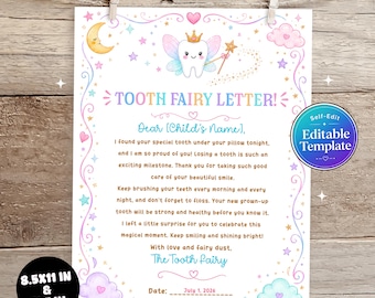 Editable Tooth Fairy Letter Template, Printable Tooth Fairy Note, Lost Tooth Letter for Kids, 5x7 and 8.5x11