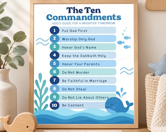 Ten Commandments Printable for Kids, Christian Bible Wall Art, Ocean Blue Sunday School Classroom Poster, Nursery Decor, 3 Sizes PDF