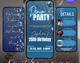 Denim and Diamonds Birthday Invitation, Animated Digital Party Invite, Editable Canva Template, Blue Bling Theme Instant Download blue jeans
