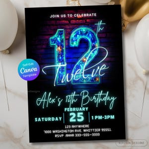 12th Birthday Invitation – Neon Blue Glow Party for Boys, Editable Canva Template, Digital Download, Printable Birthday Invite