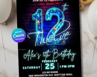 12th Birthday Invitation – Neon Blue Glow Party for Boys, Editable Canva Template, Digital Download, Printable Birthday Invite