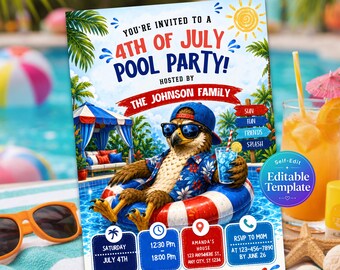 Invitación a fiesta en la piscina del 4 de julio, invitación con águila patriótica, plantilla editable de verano para el Día de la Independencia, invitación del 4 de julio, rojo, blanco y azul.
